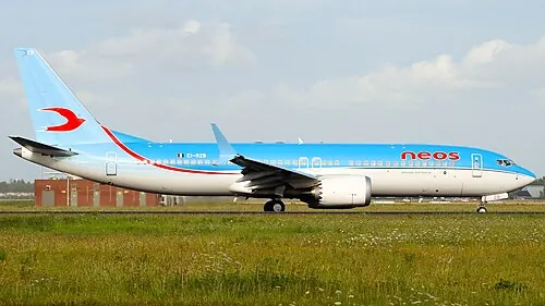 Neos Boeing 737 MAX on the runway after arriving at Amsterdam.