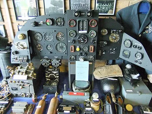 Vickers Wellington instrument-panel exhibit with round gauges and control column.