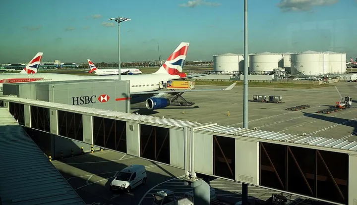 A passenger boarding bridge at London Heathrow Airport