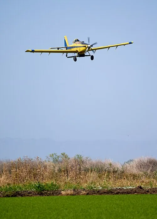 An agricultural aircraft flying low over a green field.