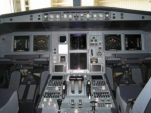 Forward electronic displays and central pedestal in an Airbus A330-200.