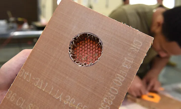 Honeycomb material is shown during advanced composite-repair training.