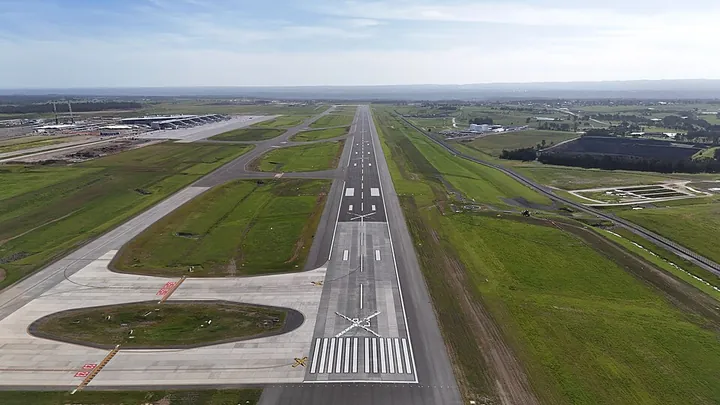 An aerial view of Western Sydney Airport's runway in 2025