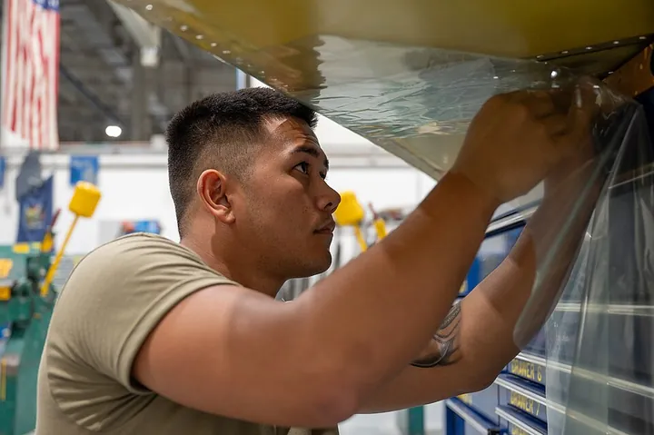 A structural specialist applies a sheet as part of a composite-panel repair.