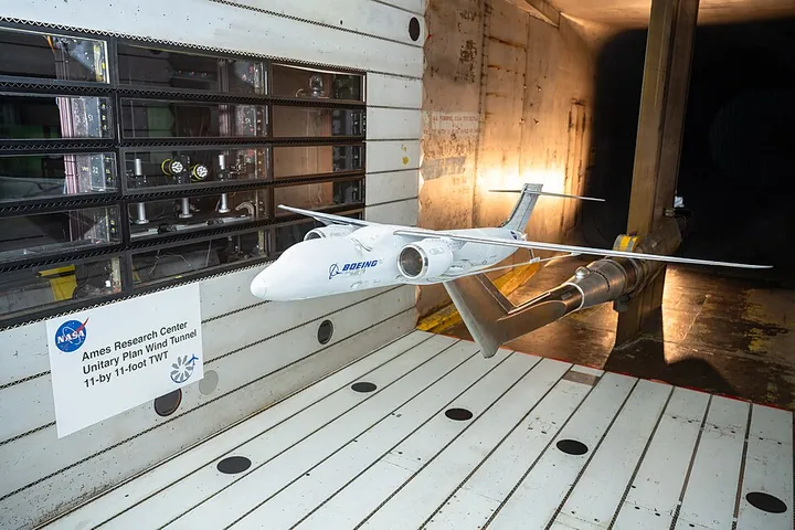 A full-span X-66 model undergoes wind-tunnel testing.