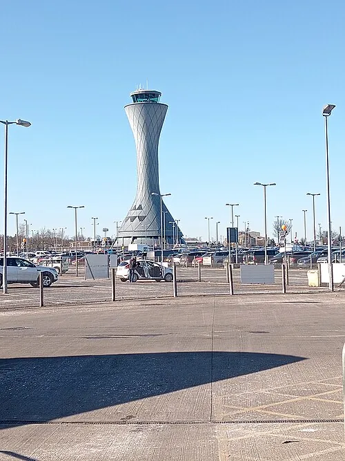 Distinctive curved control tower at Edinburgh Airport.