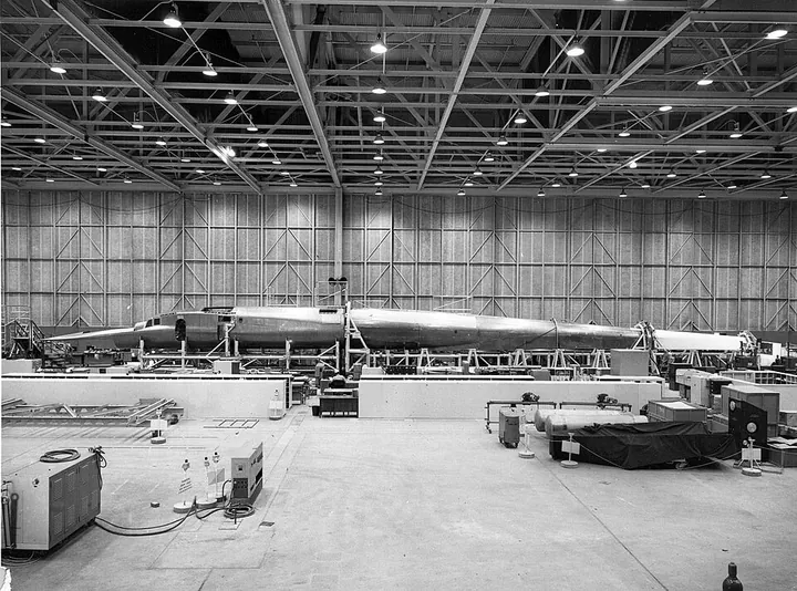 The XB-70 fuselage is shown during final assembly.
