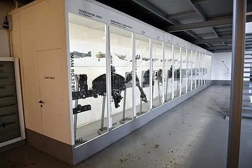 Aircraft instrument panels arranged in glass display cabinets at Volandia.