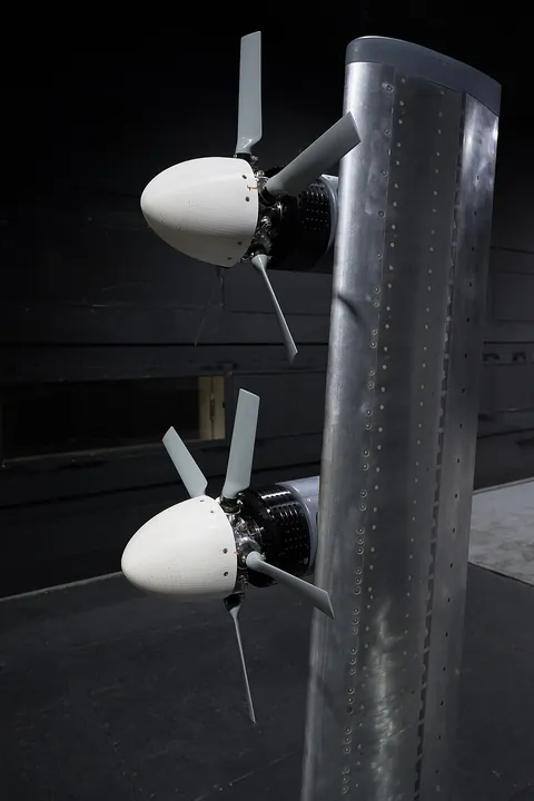 A wing model is tested in a NASA wind tunnel.
