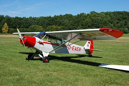 A Piper PA-18 Super Cub parked on grass.