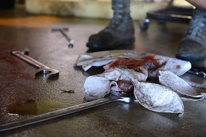 Rags and tools are shown during hydraulic maintenance.