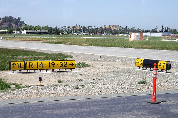 Taxiway signs at Buchanan Field Airport in California