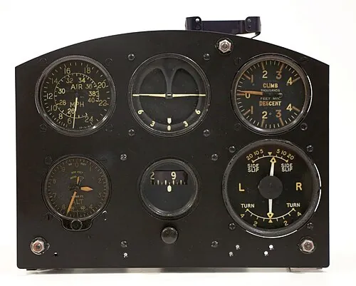 Reproduction of a Lancaster bomber's six-instrument blind-flying panel.