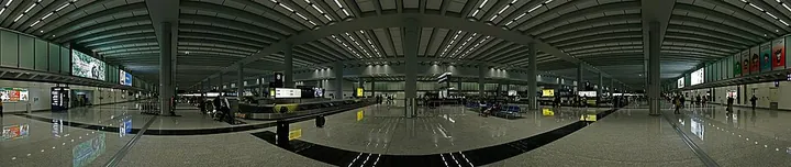 A panoramic view of the baggage-reclaim hall at Hong Kong International Airport