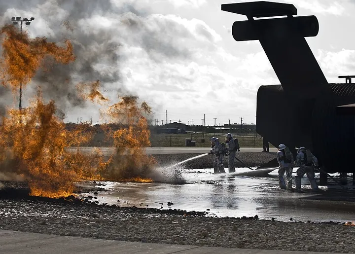 An aircraft-firefighting training exercise at Dyess Air Force Base