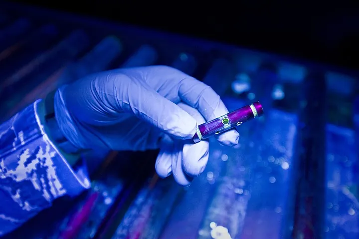 A technician examines an aircraft pin under ultraviolet light after chemical processing.