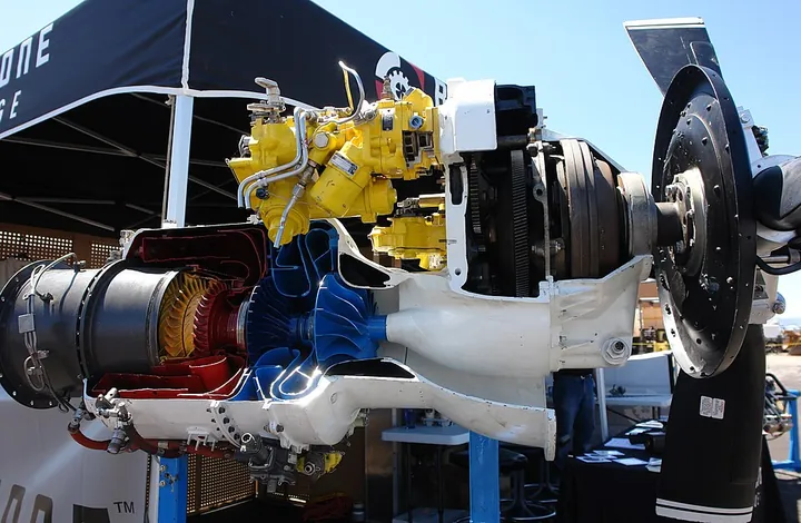 A sectioned Garrett TPE331 displays the engine's internal arrangement.