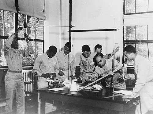 Historical photograph of a classroom at Tuskegee Army Airfield.