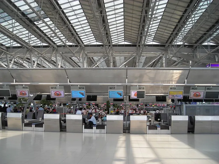 Check-in counters at Suvarnabhumi Airport in Bangkok