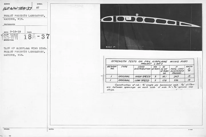 An archival test record pairs a wing-rib photograph with strength measurements.