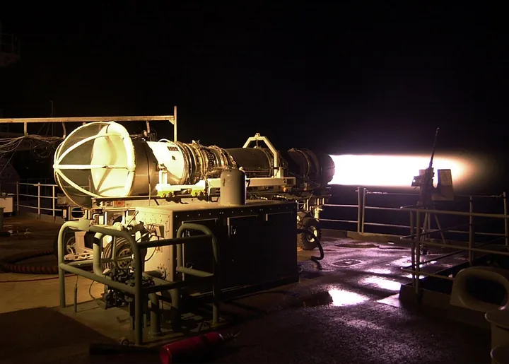 An engine operates with its afterburner during a test-cell run.