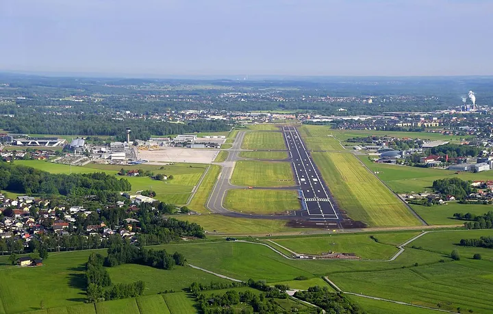 Salzburg Airport's refurbished runway seen from above in 2019