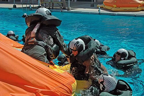 People helping one another into a life raft in a pool.