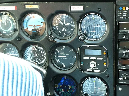 Round flight instruments in a Cessna 172 cockpit.