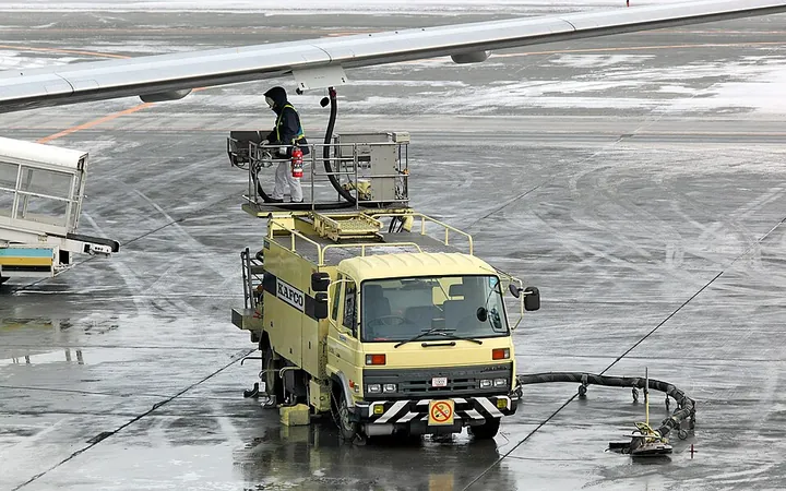 A Nissan Diesel Condor hydrant truck refuelling a Boeing 737-400