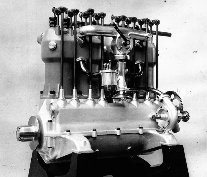 An early aircraft engine appears at an aviation exhibition in 1911.