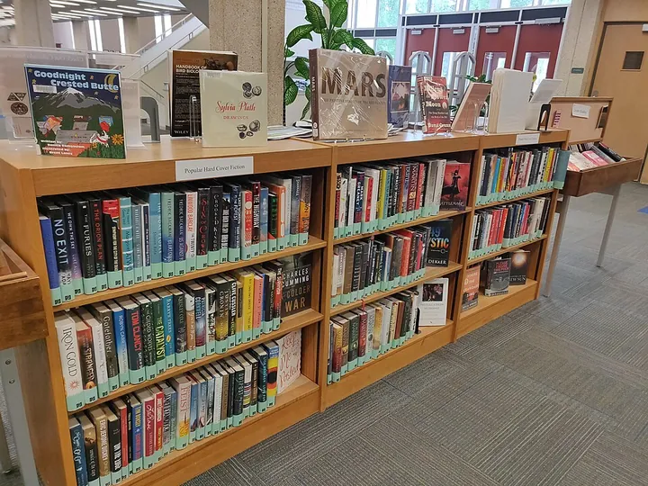 Library books arranged on a low bookshelf.